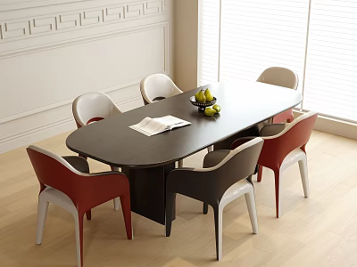 Oval Black Dining Table With Red White Black Chairs White Wall And Wooden Floor 3d model