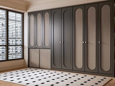 Elegant Modern Wardrobe Design With Grid Panel Doors And Metal Handles In Bedroom Interior 3d model