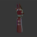 Red Mechanical Character With Metallic Arm Featuring Jointed Fingers And Colorful Striped Cylindrical Base