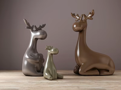Decorative Deer Figurine Set with Silver Green Brown Sitting Poses Modern Home Decor Accents 3d model