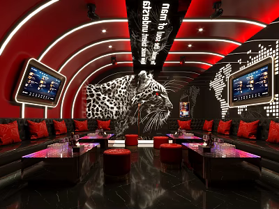 Modern KTV Interior Design With Red Black Decor Leopard Print Sofa and Screens 3d model