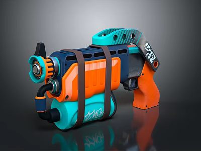 Futuristic Orange And Teal Weapon Pistol With Straps And Tank Design 3d model