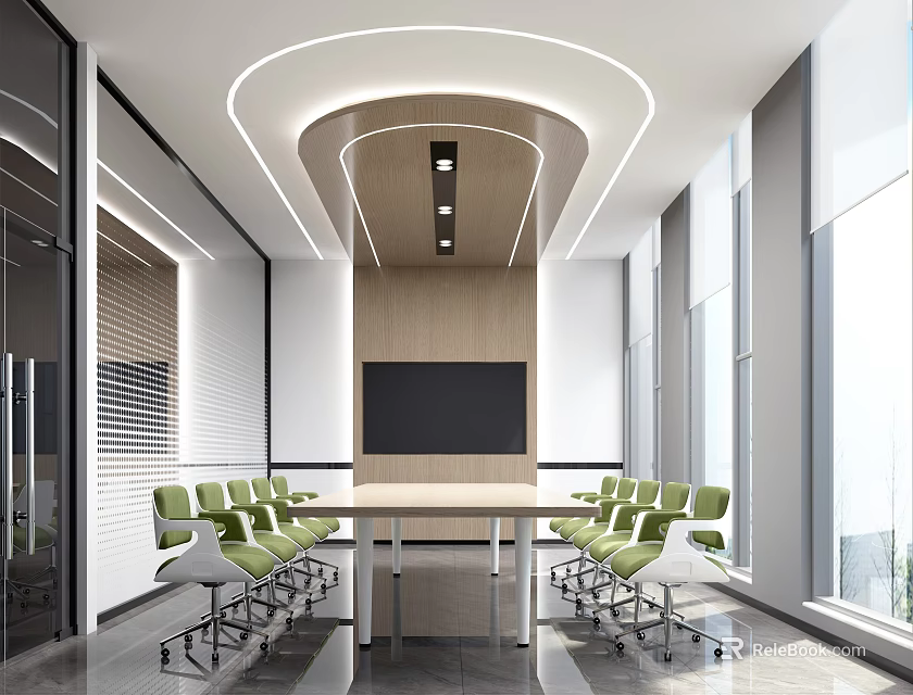 Modern Conference Room Interior With Long Table Green Chairs Large Windows And Wall Monitor 3d model 