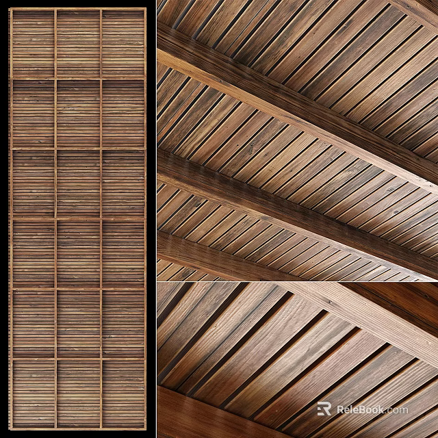Wooden Ceiling Design Featuring Slatted Patterns In Different Views 3d model 