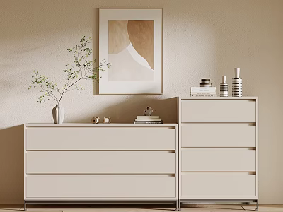 White Entryway Cabinet and Side Cabinet with Green Plant Decorative Painting and Books in Interior 3d model