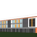 Modern Primary School Building White Orange Facade With Large Windows Green Lawn And Children Playing