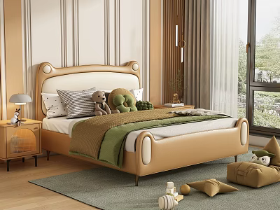 Cute Beige Kids Bed With Bear Ear Headboard Green Blanket Plush Toys Nightstand And Lamp 3d model