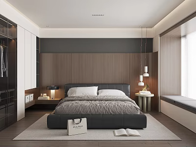 Modern Bedroom Interior With Black Leather Bed Wooden Accent Wall Nightstands Lamps And Window Bench 3d model