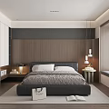 Modern Bedroom Interior With Black Leather Bed Wooden Accent Wall Nightstands Lamps And Window Bench