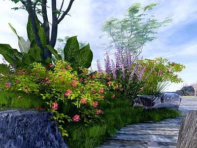 Lush Vibrant Garden With Pink Purple Flowers Green Leaves And Stone Path 3d model