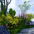 Lush Vibrant Garden With Pink Purple Flowers Green Leaves And Stone Path
