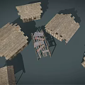 Traditional Wooden Building Models With Sloped Roofs And Open Frame Structures