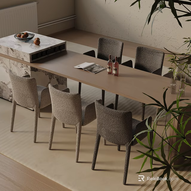 Modern Dining Table Set With Marble Top And Chairs And Fruit Bowl In Neutral Tones Design 3d model 