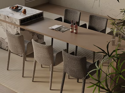 Modern Dining Table Set With Marble Top And Chairs And Fruit Bowl In Neutral Tones Design 3d model