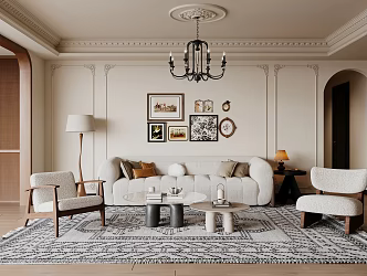 French medieval living room decorative painting floor lamp chandelier coffee table carpet 3d model