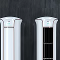 Two White Upright Air Conditioner Fans With Black Front Panel Design 3d model