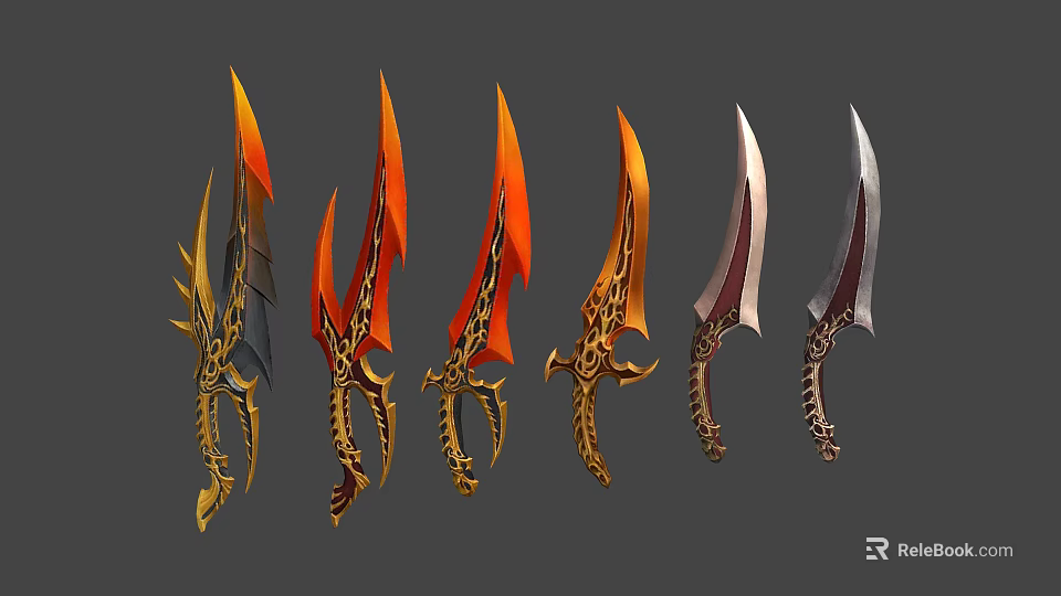 Variety of Decorative Weapons with Flame Like Blades and Intricate Golden Red Silver Designs 3d model 