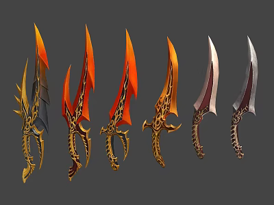 Variety of Decorative Weapons with Flame Like Blades and Intricate Golden Red Silver Designs 3d model