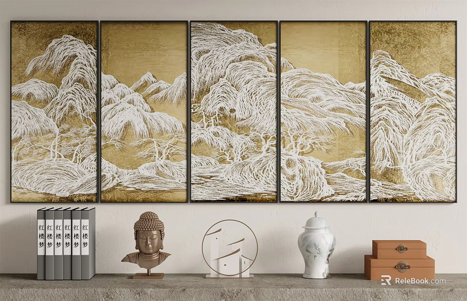 Five Panel Landscape Paintings With Golden Background White Mountain Texture And Decor Items 3d model