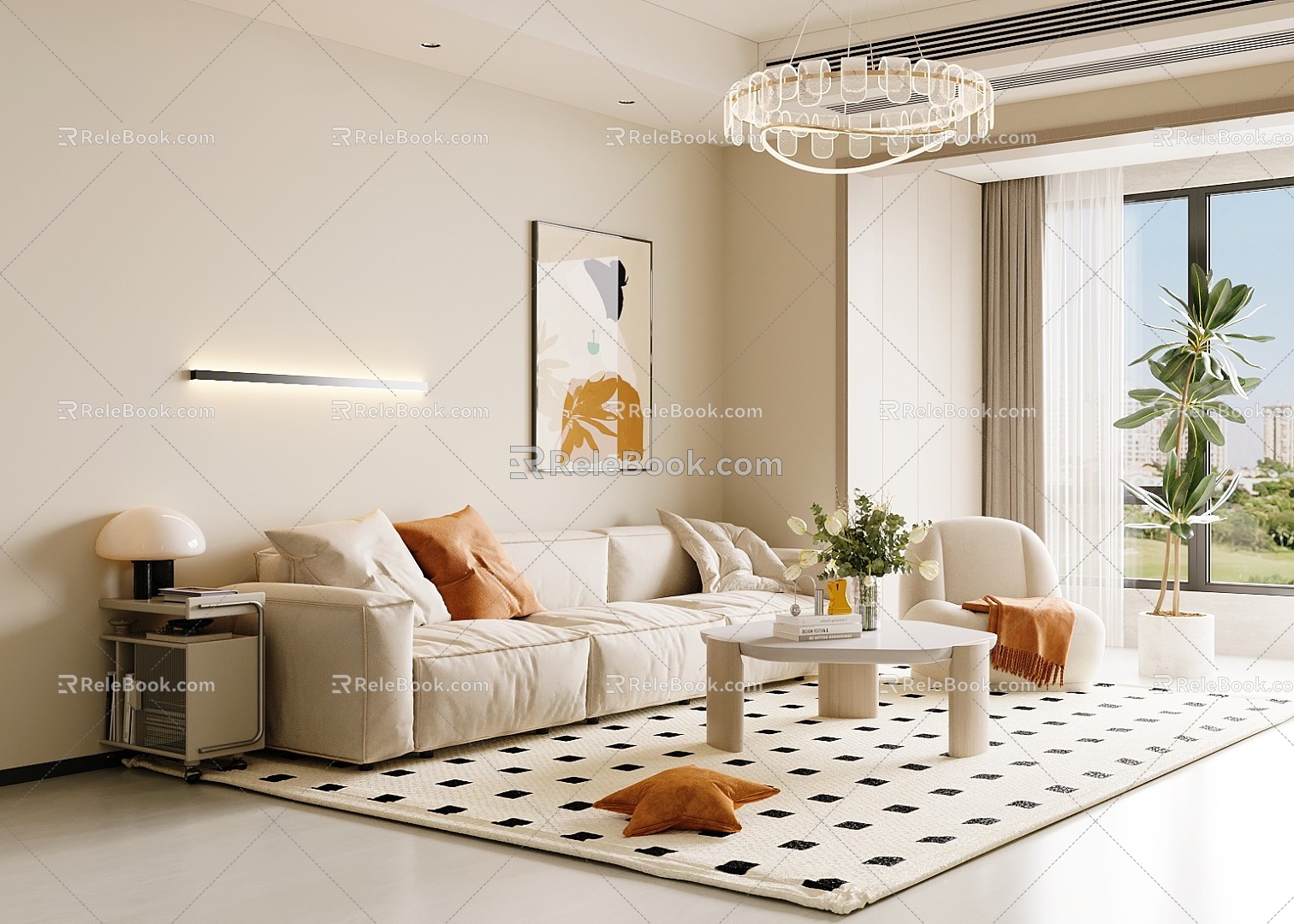 Modern Cream Home Living Room Sofa Coffee Table Combination Puff Double Sofa Leisure Chair Glass Chandelier Small Cart Side Table 3d model