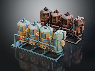 Various Industrial Mechanical Pumps With Pipeline Connections And Different Colors 3d model