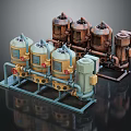Various Industrial Mechanical Pumps With Pipeline Connections And Different Colors