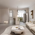 Minimalist Modern Living Dining Room Interior With Beige Sofa Round Coffee Table And Circular Lamp