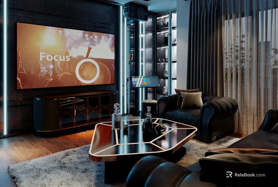 Modern KTV Interior With Large Screen Black Leather Sofa And Ambient Lighting 3d model 