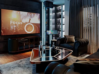 Modern KTV Interior With Large Screen Black Leather Sofa And Ambient Lighting 3d model