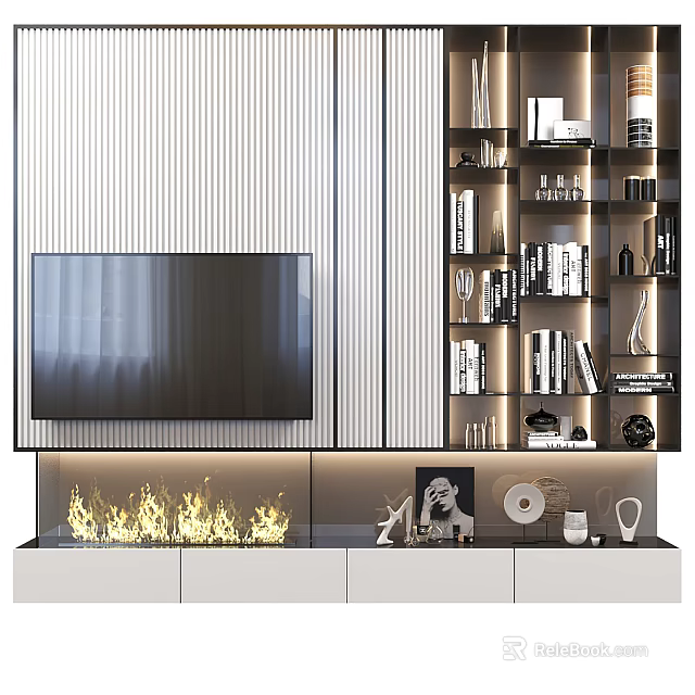 Modern TV Wall With Vertical Striped Design Flame Feature Open Shelving And Storage Cabinets 3d model 