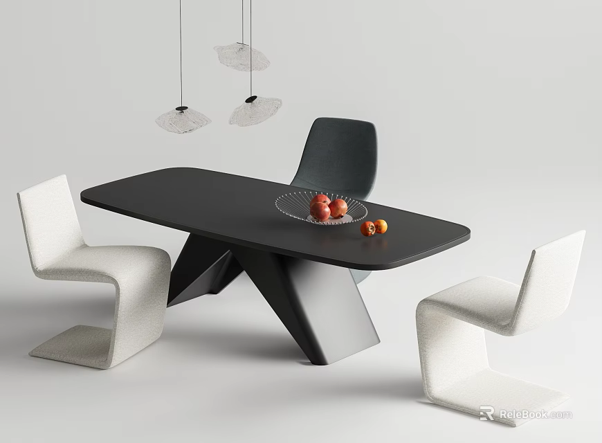 Modern Minimalist Interior Design With Black Table And White Black Chairs Fruit Bowl Hanging Lights 3d model 
