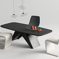 Modern Minimalist Interior Design With Black Table And White Black Chairs Fruit Bowl Hanging Lights