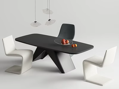 Modern Minimalist Interior Design With Black Table And White Black Chairs Fruit Bowl Hanging Lights 3d model