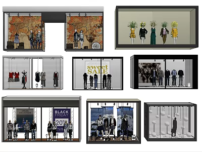 Modern Shop Window Displays Featuring Mannequins Clothes And Decorative Elements 3d model