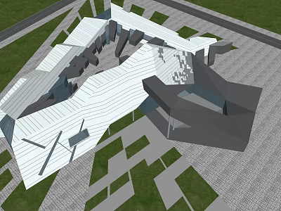 Modern Architectural Design With Irregular Geometric Roof Shapes Green Lawn And Paved Ground 3d model