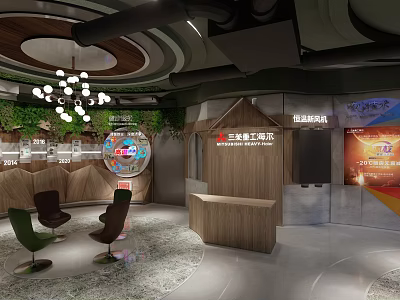 Sansheng Hong Art Gallery Interior Design With Wooden Reception Desk Green Plant Wall And Chandelier 3d model