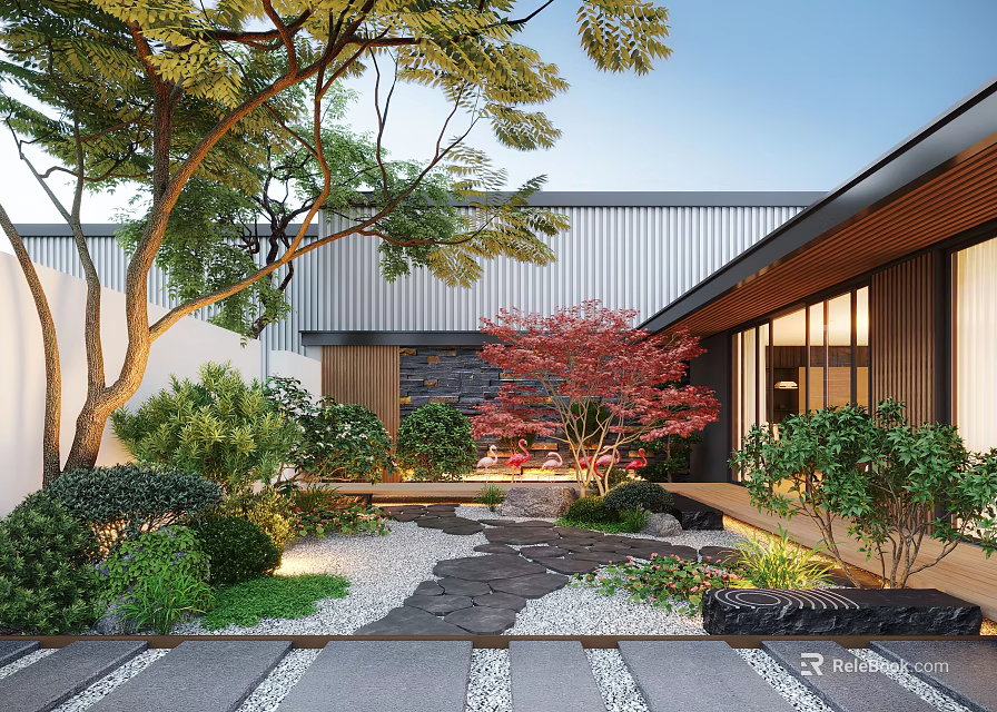 Modern Courtyard Garden Design With Lush Greenery Trees Pebble Path And Wooden Structure 3d model 