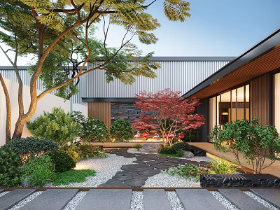 Modern Courtyard Garden Design With Lush Greenery Trees Pebble Path And Wooden Structure 3d model