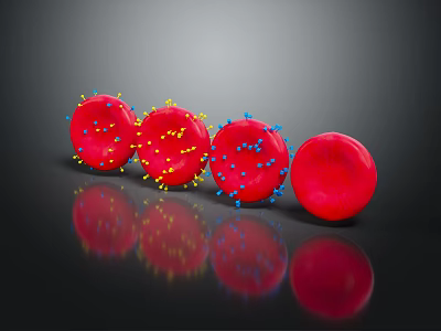 Detailed Red Spherical Structures With Blue Yellow Spikes And Reflections On Dark Background 3d model