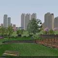 Scenic Park Landscape With Modern High Rise Buildings Green Lawn Trees Purple Flowers And Bench