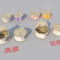 Canned Food Display With High Poly And Low Poly Models In Various Colors