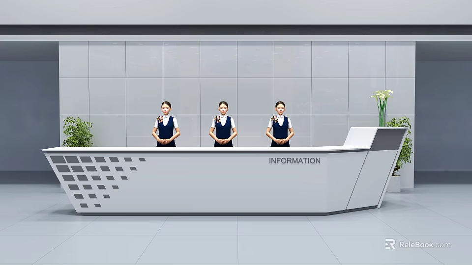 Modern Information Reception Desk With Staff And Green Plants In Tile Wall Setting 3d model 