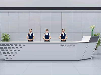 Modern Information Reception Desk With Staff And Green Plants In Tile Wall Setting 3d model