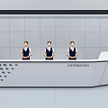 Modern Information Reception Desk With Staff And Green Plants In Tile Wall Setting
