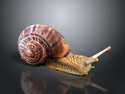 Reptile Snail With Spiral Shell Brown Red Patterns And Tentacles On Dark Background 3d model