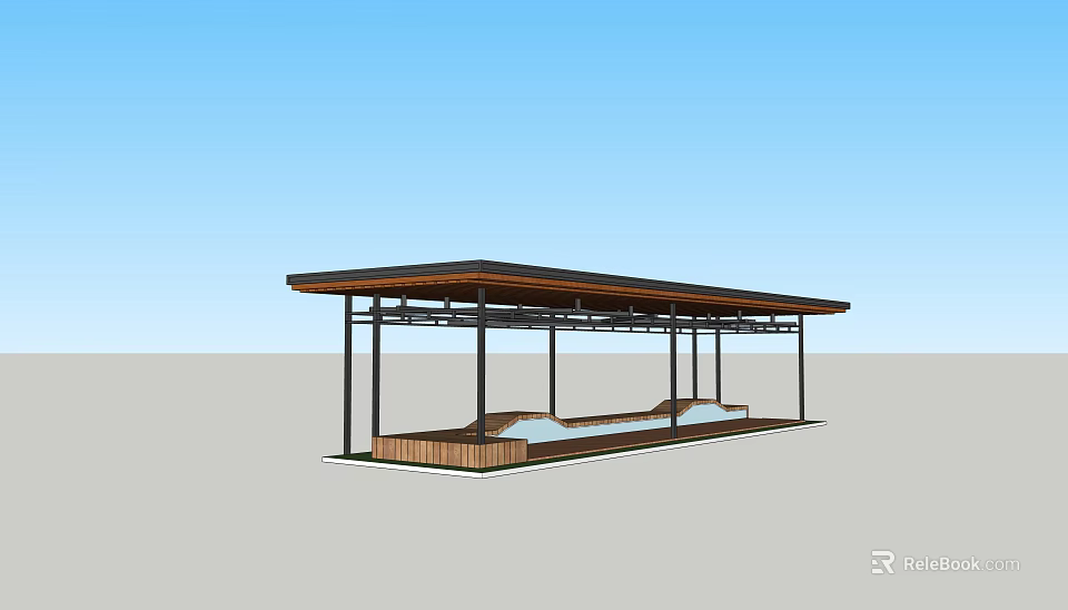 Modern Outdoor Pergola Structure With Metal Columns Wooden Roof And Seating Area 3d model 