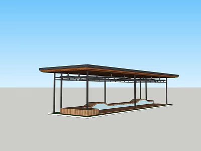 Modern Outdoor Pergola Structure With Metal Columns Wooden Roof And Seating Area 3d model