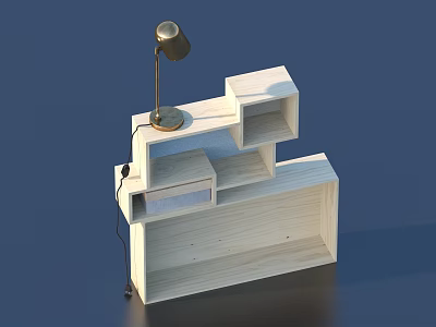 Modern Light Wood Bookshelf Design With Multiple Compartments And Table Lamp 3d model