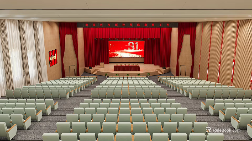 Modern Spacious Conference Hall With Neat Comfortable Seats And Functional Stage For Various Official Events 3d model 