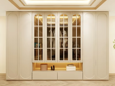 Elegant Modern Wardrobe With Glass Doors Interior Lighting And Bottom Storage Drawers 3d model